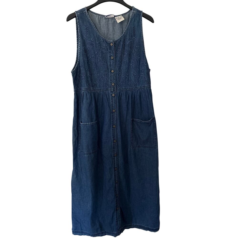 Erika & Co Denim Embroidered Button Down Jumper Dress Midi Length XL